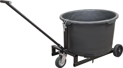 A black mixing bucket with a handle and wheels, shown on a white background.