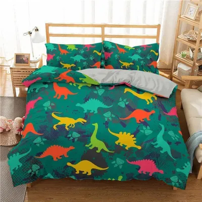 Immagine prodotto di Set di lenzuola con motivo cartoon di un dinosauro, dimensioni 220x240 cm, con 2 federe da 80x80 cm, in microfibra