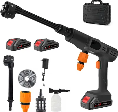 Image de Nettoyeur haute pression portable - Pistolet de lavage sans fil 6 en 1 - Pression de 60 bars - Alimenté par batterie - Avec 2 batteries et un chargeur - Pour le lavage de voiture