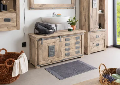Produktbild von MASSIVMOEBEL24 Waschbeckenunterschrank Mango 120x40x60 whitewash lackiert RAILWAY #377
