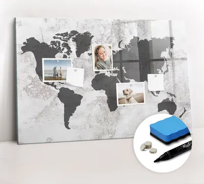 Produktbild von Magnetpinnwand Memoboard - Zubehörsatz - Schwarzer Marker + Schwamm + Magnete - 90 x 60 cm - Konkrete Weltkarte