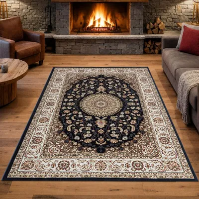 Productafbeelding van Donkerblauw tapijt met crèmekleurig medaillonpatroon, gemakkelijk te onderhouden, geschikt voor woonkamers. Afmetingen: 80 x 300 cm