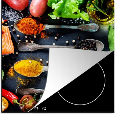Obrázok produktu pre KitchenYeah® Kryt na varnú dosku bylinky - lyžica - kuchyňa - korenie, 78x78cm, kuchynská dekorácia, keramický kryt na varnú dosku, krycia doska na varnú dosku