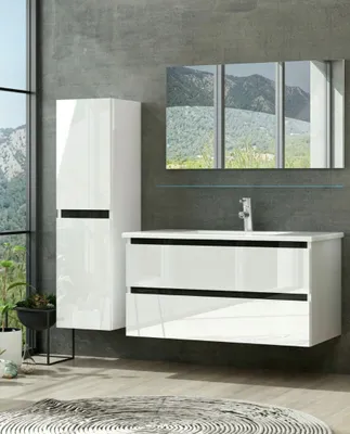 Produktbild von Badmöbel-Set 90 cm Badmöbel set Hochglanz Weiß badmöbel 5 Teilig