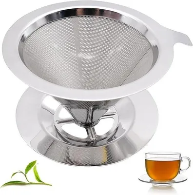 Produktbild von Filter für Filterkaffeemaschine – Edelstahl – Reduziert Papierverbrauch – Wiederverwendbarer Kaffee-Sieb – Handfilter – Metallischer Trichterfilter mit Basis für 1-2 Tassen