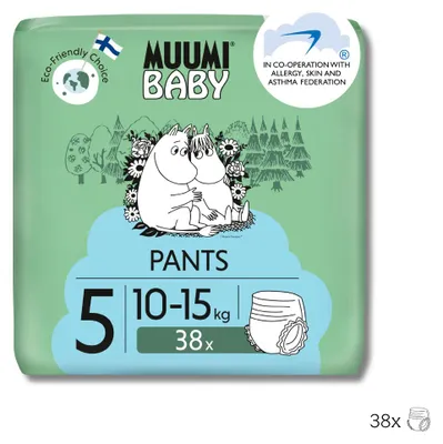 Immagine prodotto di Muumi Baby Pants 5 Maxi+ 10-15 kg (38 pezzi), pannolini ecologici a mutandina
