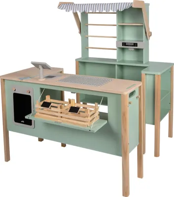 Produktbild von small foot Kaufladen und Kinderküche Salbeigrün „fresh“ aus Holz mit Zubehör, Spielküche & Marktstand, Rollenspielzeug für Kinder ab 3 Jahren, 12688