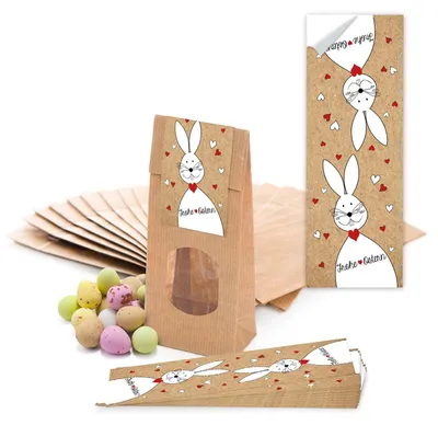 Produktbild von 25 kleine braune Papiertüten Ostertüten Osternest mit Fenster + Pergamin-Einlage 7 x 4 x 20,5 cm + 25 Osteraufkleber 5 x 15 cm vintage Hase Osterhase Ostern Herz rot Verpackung AufkleberHase mit Herzen / 10 Stück
