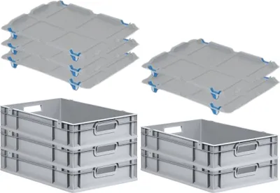 Produktbild von SparSet 5x Eurobox NextGen Economy mit Auflagedeckel und 4x Schiebeschnappverschlüsse Blau | Griffe offen | HxBxT 12x40x60cm | 23 Liter | Eurobehälter, Transportbox, Transportbehälter, Stapelbehälter