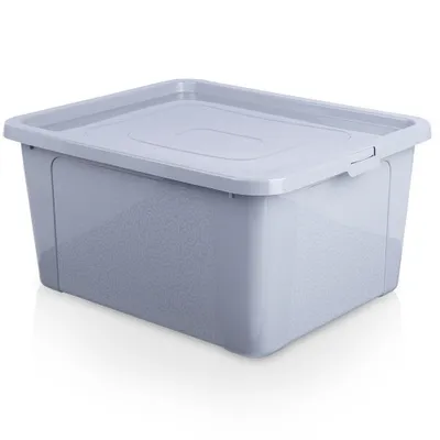A light gray plastic storage bin with a lid, shown from a slightly elevated front-left angle against a white background.