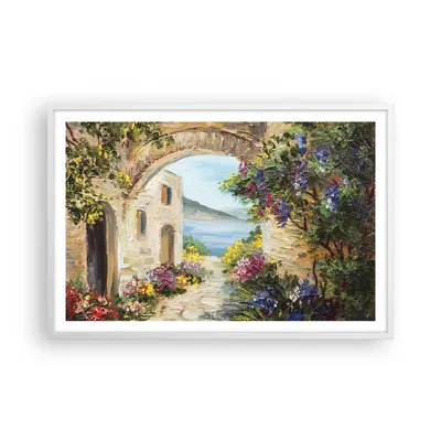 Produktbild von Gerahmtes Poster - Weißer Rahmen - Haus Santorini Blumen - 91,5x61 cm - Wand Bild - Wanddeko - Wandbilder - Kunstposter - Wandposter - Bilderrahmen - Bilder - Kunstdruck - Wandbild - P2WAA91x61-4191