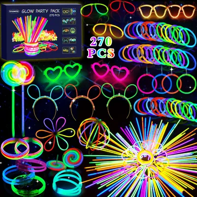 Produktbild von Vleuexe 270 Stück Knicklichter Party Set Glow Sticks Leuchtstäbe Neon Party Leuchtarmbänder Knicklichter Hochzeit Leuchtspielzeug für Partydeko,Festival schwarzlicht deko,Neuem Kreisel,Lutscher