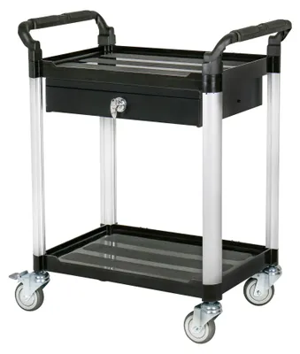 Produktbild von STIER Servierwagen, mit 2 Etagen und Schublade, LxBxH 750x460x980 mm, Tragfähigkeit 150 kg, 4 Lenkrollen, 2 davon feststellbar, Etagenwagen, Schiebewagen, schwarz