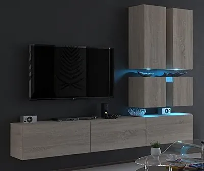 Immagine prodotto di Parete attrezzata Furnitech per il soggiorno | mobili per il soggiorno con LED RGB - 16 colori | parete attrezzata moderna | parete attrezzata per il soggiorno con mensole e mobile TV (Future C77-M-S3 1A rovere Sonoma)