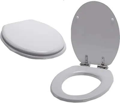 Two white toilet seats are shown against a white background. One is closed and the other is open.