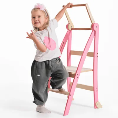 Produktbild von Holz Lernleiter Montessori platzsparend: Klappbare Lernleiter, Hocker für Kinder, Faltbare Kindertreppe, Lernleiter mit Kippschutz