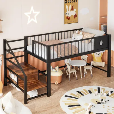 Obrázok produktu pre Kovová vysoká posteľ 90 x 200 cm s úložným priestorom, úložným priestorom pod posteľou, robustnou kovovou konštrukciou a bezpečnostnou zábranou. Detská posteľ, posteľ pre tínedžrov, čierna farba