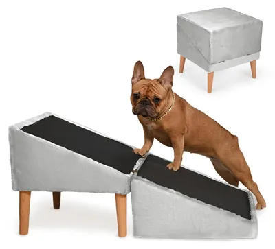Produktbild von VELORA H&L Hunderampe Silber - 2in1 Hundetreppe & Sitzhocker, Einstiegshilfe für Sofa/Bett, Holz & Velours, rutschfest, für Hund & Katze