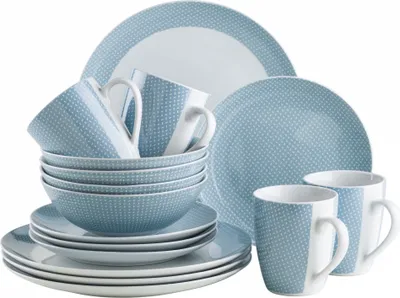 A set of blue and white patterned dinnerware is displayed against a white background.