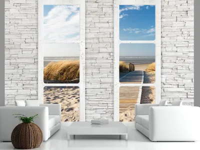 Produktbild von Vlies Fototapete Fenster Meer 350x256 cm Tapeten Wandtapete XXL Strand Sand Natur Steine Ziegel c-A-0066-a-d