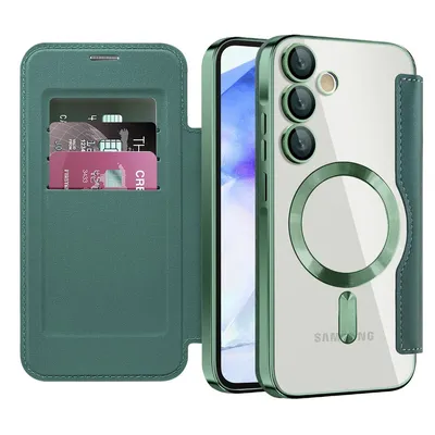 Produktbild von Klapphülle für Samsung Galaxy A55 Kompatibel mit Magsafe, Klar Überzug Kartenhalter Ledertasche mit Kameraschutz Grün