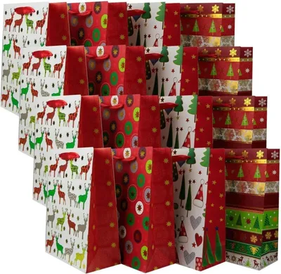 Obrázok produktu pre sada 12 vianočných tašiek 32x26x12cm darčekové tašky sviatočné motívy s uchom na prenášanie