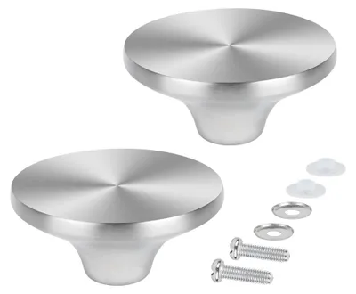 Two stainless steel pot lid knobs with screws and washers on a white background.