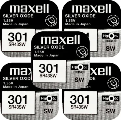Produktbild von 5 x Maxell 301 Batterie SR43SW Knopfzelle 1,55V Uhrenzelle Silberoxid SR43 SR1143 130mAh 4,2mm x 11,6mm im Napfblister