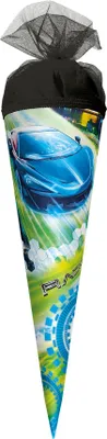 Produktbild von ROTH Geschenk-Schultüte Racing 22 cm klein rund Tüllverschluss Zuckertüte Schulanfang