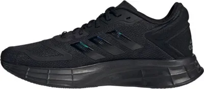 A studio shot of a single black Adidas running shoe.