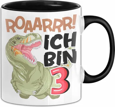Produktbild von 3. Geburtstag Geschenk Tasse Becher Jungs Dino T-Rex Roaarrr Ich Bin 3 (Schwarz)
