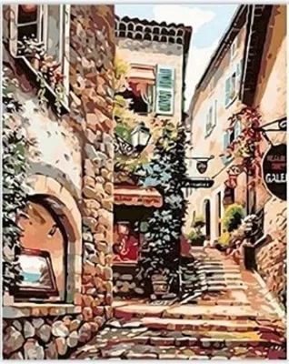 Produktbild von "Malen nach Zahlen: Gasse zwischen Häusern, 50x40 cm, auf Leinwand auf Keilrahmen."