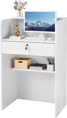 Zdjęcie produktu dla VEVOR Recepcja 60 cm długości, prostokątna lada recepcyjna z zamykaną szufladą, nowoczesna lada recepcyjna do kasy, holu, salonu kosmetycznego, biura, hotelu, lada sprzedażowa, lada frontowa, płyta wiórowa