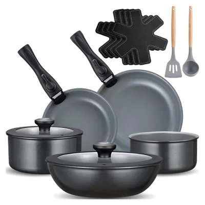 Produktbild von 17-teiliges Induktions Töpfe Set, Keramik Pfannenset mit abnehmbarem Griff, Camping Kochtopf Set für alle Herdarten, stapelbares Design, ofenfest