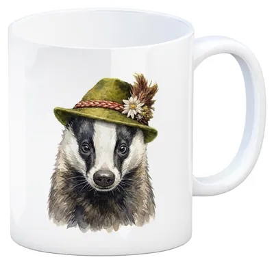 Produktbild von Dachs mit alpenländischem Trachtenhut Kaffeebecher