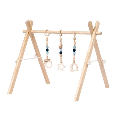 Image de leg&go Portique d’éveil bébé en bois - Arche d’éveil Montessori avec jouets suspendus bleus