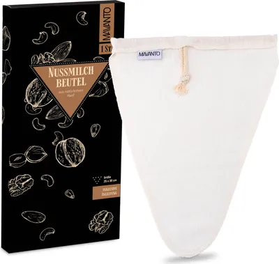 Produktbild von MAVANTO® Nussdrinkbeutel Hanf 25 x 30 cm für selbstgemachte Mandeldrink, Haferdrink, Haselnussdrink & Säfte - wiederverwendbar & waschbar (V-Form, 1x Stück)