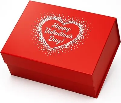 A red gift box with a white heart-shaped design and text.