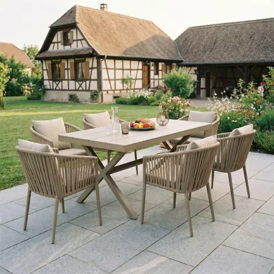 Produktbild von Gartenmöbelset ISOLA mit Tisch und 6 Stühlen, inkl. Sitzkissen, Tisch und Stühle aus Alu, bespannt mit Rope, Tischplatte aus WPC in Holzoptik natur, Terassenmöbel.