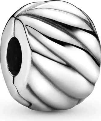 A close-up studio shot of a silver Pandora clip charm with a ribbed, twisted design.