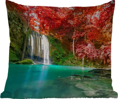 Produktbild von MuchoWow® Outdoor Kissen - Wasserfall - Baum - Rot - Herbst - Wasser - 40x40 cm - Wetterfest - Lounge Kissen - Kopfkissen - Interieur - Polster mit Bild