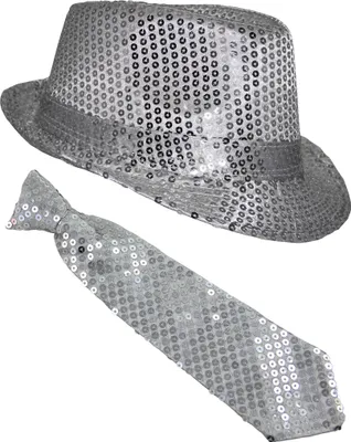 Produktbild von Pailletten Kostüm Set - Silber - Hut & Krawatte