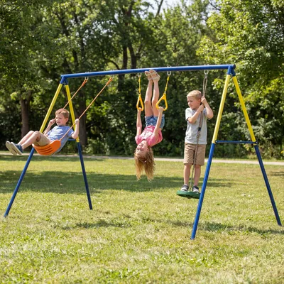 Produktbild von Schaukelgestell 3-in-1, Kinderschaukel mit Turnringen, Stehschaukel, Stahl | 285x160x181 cm | bis 150 kg | Mehrfarbig