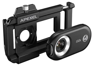 Zdjęcie produktu dla APEXEL APL-MS150 150-krotny obiektyw mikroskopowy do telefonów komórkowych z oświetleniem LED/UV, wbudowanym filtrem CPL, akumulatorem, przystawką mikroskopową, mikroobiektywem do telefonu z uniwersalnym klipsem na telefon, zamiennik do iPhone'a 15/14/13/12, telefonu z systemem Android