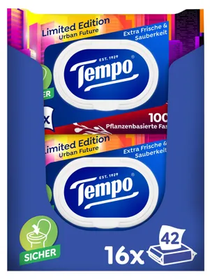 Produktbild von Tempo Feuchtes Toilettenpapier Mein Verwöhnmoment Limited Edition - wechselnde Designs, Ohne Farbstoffe, Wiederverschließbar, Vorteilspack, 16 x 42