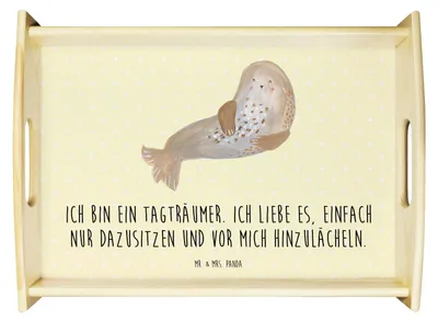 Produktbild von Mr. & Mrs. Panda Serviertablett Robbe Lachen - Gelb Pastell - Geschenk, tablett aus holz, Meerestier, Nordsee, Seehund, Ostsee, Strand, Dekotablett, Lustige Sprüche
