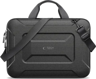 A black laptop bag with a shoulder strap and handle is shown against a white background.