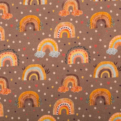 Produktbild von Jerseystoff Meterware Digitaldr. Regenbogen Punkte braun orange 1,4m