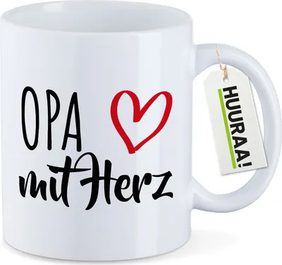 Produktbild von Huuraa Kaffeetasse Opa mit Herz 330ml Weiß Keramik Kaffeebecher Geschenkidee