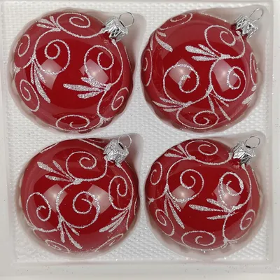 Produktbild von 4 tlg. Glas-Weihnachtskugeln Set 8cm Ø in Hochglanz Modern Rot Weisse Ornamente